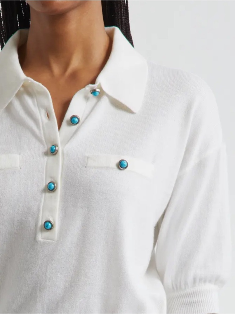 L’agence Masaki White Polo Sweater with turquoise buttons size Large - Picture 3 of 9